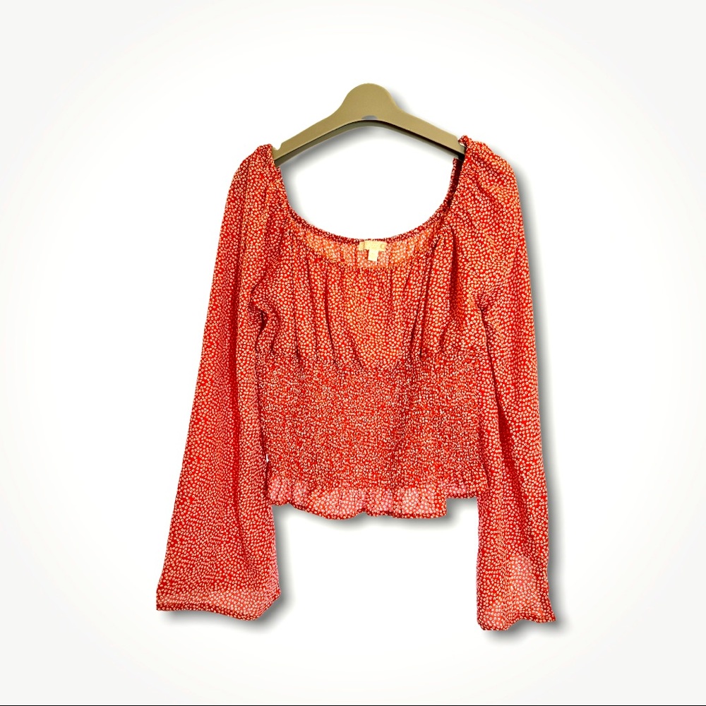 Gianni Bini red and white circle detail long sleeve form fitting medium peplum